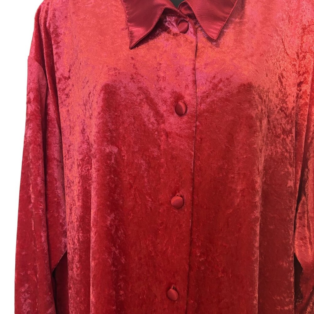Vintage Cacique Red Crushed Velvet Long Sleeve Button-Up Tunic Made In Hong Kong - Picture 2 of 11